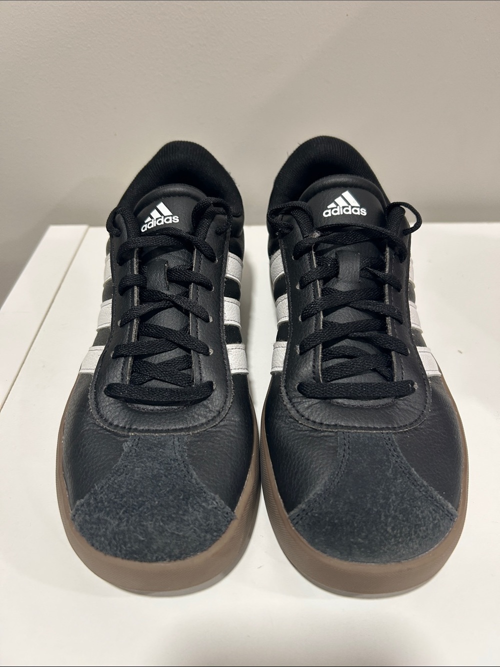 adidas Black & White Leather Sneakers with Gum Soles